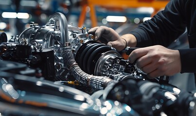 Fototapeta premium Precision Work, Turbocharger Installation in High-Performance Car