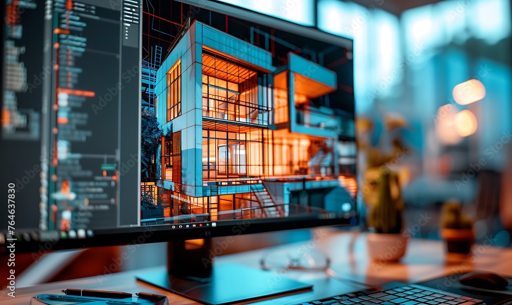 Poster Immersive Architectural Design Showcase, 3D Renderings on Computer Screen