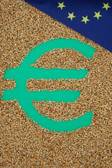 Euro symbol. Wheat. Grain. European Union flag. European Green Deal. Top view.