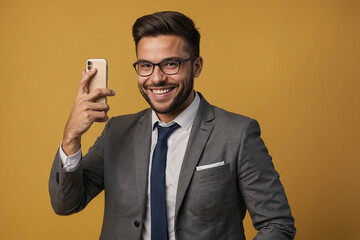businessman with a phone smiling isolated