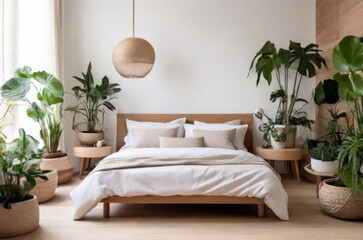 Interesting corner in a home garden, bedroom in light tones with wooden elements. Featuring: bed, parquet floor, and plenty of potted houseplants. Urban jungle interior design. Biophilia concept. - obrazy, fototapety, plakaty