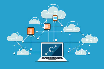 Cloud computing. A digital service or application with data transmission. Network computing technologies. Futuristic Server. Digital space. Data storage. Vector illustration
