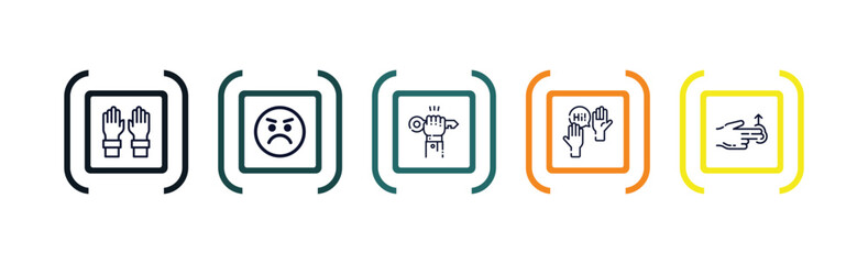 outline icons set from gestures concept. editable vector included hand up, sad face, hanging over the key, greetings, two fingers up icons. - obrazy, fototapety, plakaty