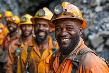 Portrait of smiling miners in safety gear with helmet lights - obrazy, fototapety, plakaty