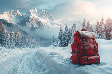 A suitcase on a snowy picturesque landscape is an opportunity to enjoy the unique nature.