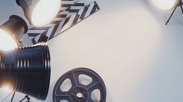 Film reels and clapperboard background, studio light, view from above, hdr, copy white space AI Image Generative