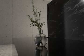 Small plant in a vase on a black, reflective kitchen worktop. 3D Rendering