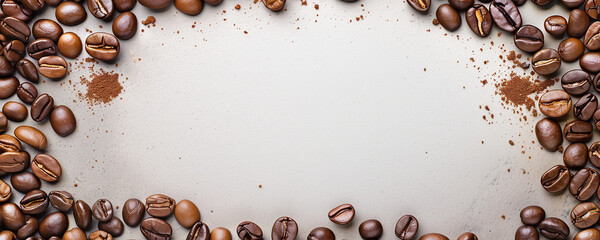 Banner with top view of glossy coffee beans forming a border on a light textured surface, leaving space for text or imagery in the center. Copy space - 764638686