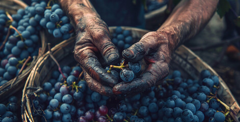 Freshly harvested bunch of ripe black grape in farmers hands. Autumn harvest. Selective focus. Shallow depth of field.
