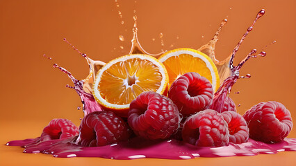 an explosion of raspberries and oranges, splashes of juice on an orange background. for advertising...