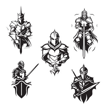 Set of monochrome knights emblems, badges, labels and logos medieval helmet, swords, mace, daggers shield antique vintage symbol , engraved hand drawn in sketch or wood cut style, old looking retro