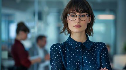 A bespectacled professional stands confidently in an office setting.