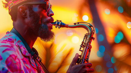 black man playing saxophone with tropical sunset background, vibrant colors - obrazy, fototapety, plakaty
