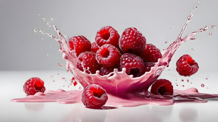 raspberry explosion, juice splashes on a white background. for poster