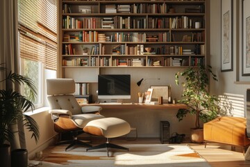 A minimalist office area with a floating shelf desk