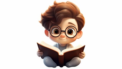 3D cartoon boy reading and studying