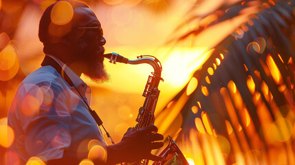black man playing saxophone with tropical sunset background, vibrant colors