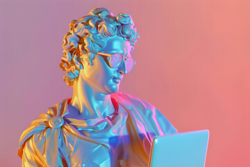 Fluorescent sculpture of Apollo wearing glasses with laptop on pink background. Education Concept.