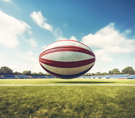 Closeup of Rugby Ball on field on a Sunny Day