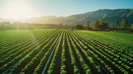 A pioneering lettuce field under the gentle care of irrigation systems powered by solar energy - obrazy, fototapety, plakaty