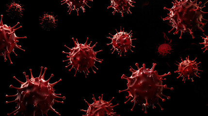 red virus particle with protruding spike proteins.