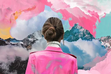 Gordijnen Collage of mountains and clouds, a woman looking through the collage in the style of pink jacket with white turtleneck shirt © EnelEva