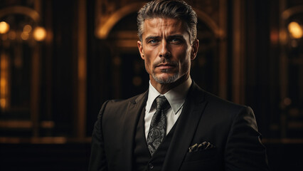 Portrait of a handsome man in a black suit