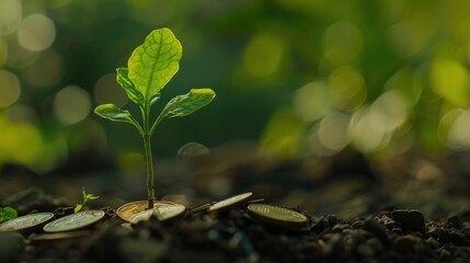 Fototapeta na wymiar A compelling image of a young seedling sprouting from a pile of coins against a natural backdrop