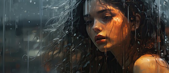 Capture the image of a woman with flowing long hair standing outdoors in the midst of a gentle rain shower