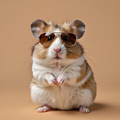 a hamster in sunglasses on a beige background