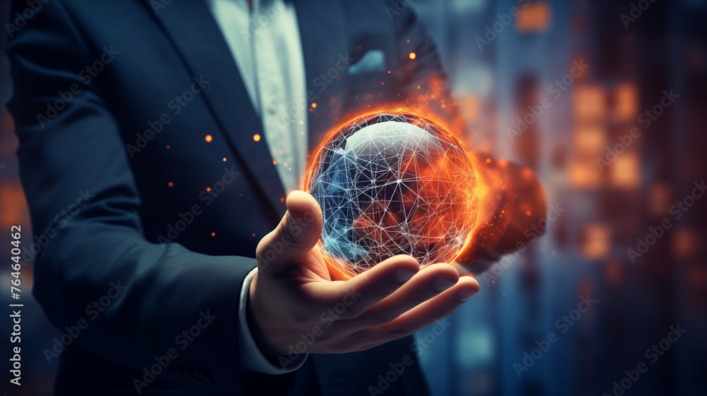 Poster businessman on blurred background touching flying network sphere 3d rendering