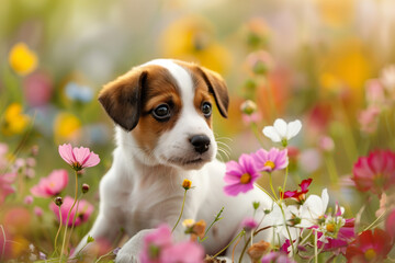 Playful Puppy in a Field of Flowers