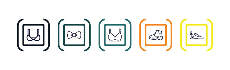 outline icons set from clothes concept. editable vector included brassiere, butterfly tie, bra, brisk boots, shoes icons. - obrazy, fototapety, plakaty