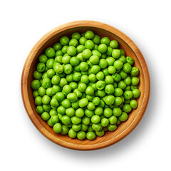 Green peas in wooden bowl isolated on transparent or white background, png
