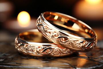 Wedding Rings: Closeup of symbolic wedding bands with intricate engraving. - obrazy, fototapety, plakaty