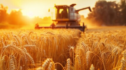 Fototapeta premium A powerful image of a combine harvester in action, cutting through a field of ripe wheat