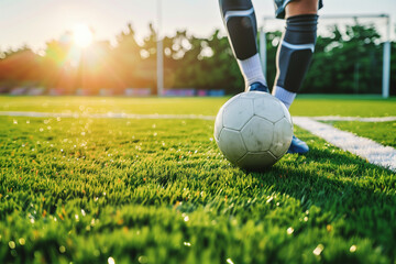Football Player in Action on a Sunny Day. Close-up of a classic soccer ball on a lush green field with a player's foot in motion - Powered by Adobe