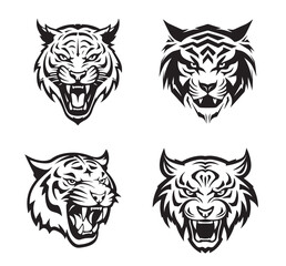 Set of tiger heads with open mouth and bared fangs, with different angry expressions of the muzzle. Symbols for tattoo, emblem or logo, isolated on a white background.