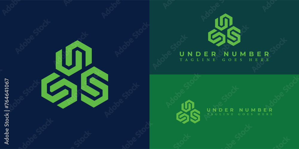 Poster abstract letter un or nu monogram logo design in green color isolated on multiple background colors.