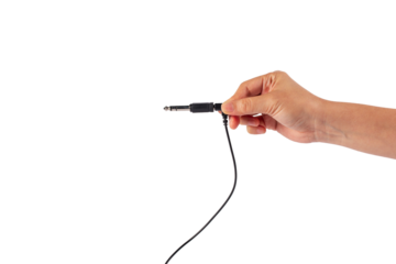 Hand and black audio cable aux isolated on white background