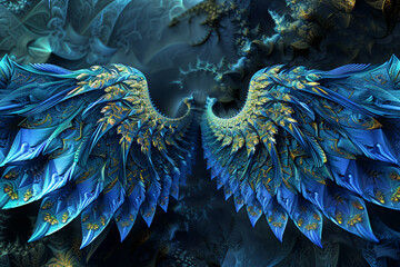 Blue angel wings made with fractal design - obrazy, fototapety, plakaty