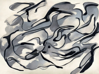 Abstract random ink strokes pattern with swooshes of grey and black on a pale peach color background
