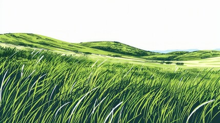 An idyllic scene of green grass fields stretching over gentle hills
