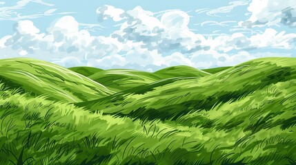 An idyllic scene of green grass fields stretching over gentle hills - obrazy, fototapety, plakaty