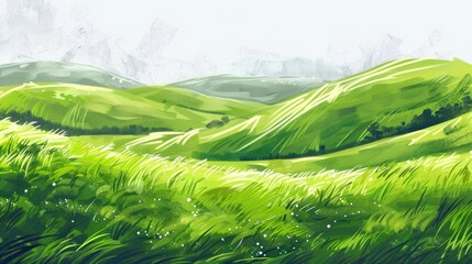 An idyllic scene of green grass fields stretching over gentle hills - obrazy, fototapety, plakaty