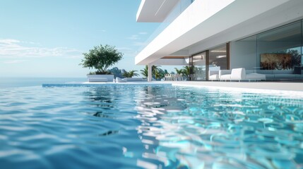 Minimalist white architecture against a backdrop of blue skies and an infinity pool.  - Powered by Adobe