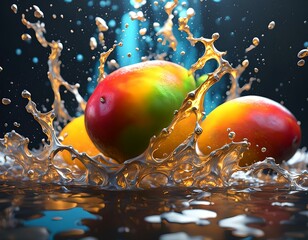 Fresh mango fruit in splashes of water.