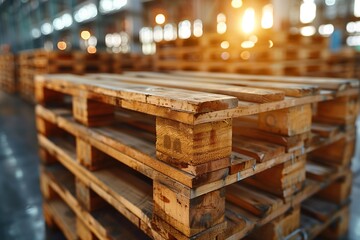 Wooden pallet stack at industrial warehouse; essential for cargo and shipping logistics in factories