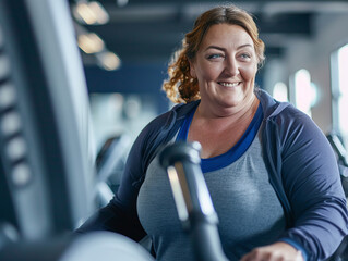 Fat girl in a gym workout.Overweight woman exercise in gym, determined woman at the gym prepares to begin her workout on a treadmill, embracing a healthy lifestyle. focused adult female stand.Ai