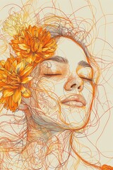 Woman with flower on her head. Flower is orange and yellow. Hand drawing technique.